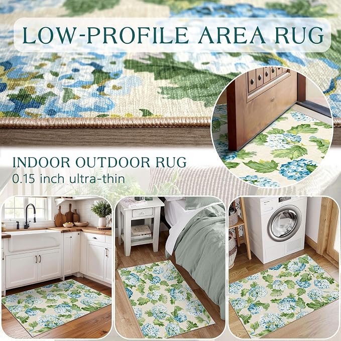 Front Door Mat Indoor Outside Entrance 2x3 Blue Hydrangea Entry Rug | Non-Slip - Image 7
