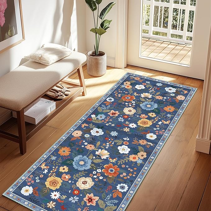 Floral Washable 2x6 Area Rugs Runner Entryway Hallway Blue/Grey | Flower Carpet by RELEANY