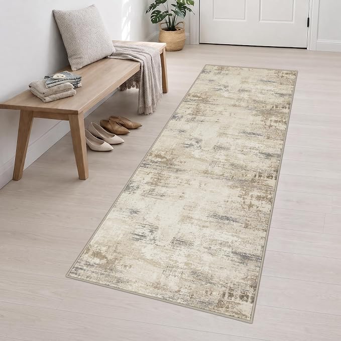 2.6x10 Washable Runner Rug:Modern Abstract Soft Carpet Beige Brown | - Image 3
