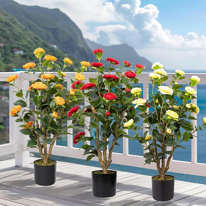 Artificial Camellia Tree, 3FT Yellow Fake Tree Blooming Camellia Flower Plant for Spring Home Front Door Outdoor Indoor Decoration