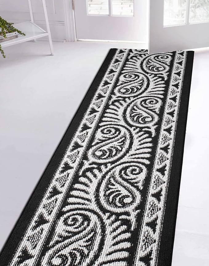 Custom Length Cut to Size Tribal Ethnic Southwestern Inspired Hallway Runner Rug, Non Slip Rubber Backed, 31 inch Wide X Customized Length, Mayan Black, 31 inch X 6 feet