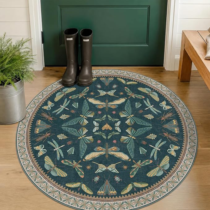 5ft Round Teal Boho Rug for Entryway, Washable Non Slip Area Carpet for Living by HazoHaus