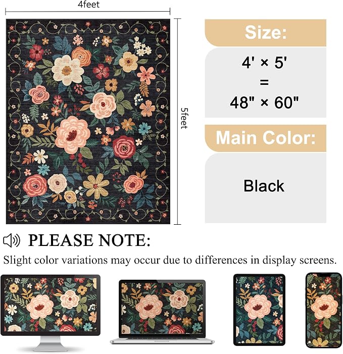 DUKINO 4x5 Area Rug for Entryway, Soft Floral Washable Rug Non Slip, - Image 2