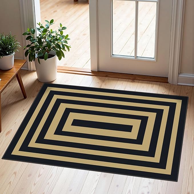 Front Door Mat Indoor Outside Entrance, 2x3 Black Tan Striped Rug | Non-Slip by Othilic