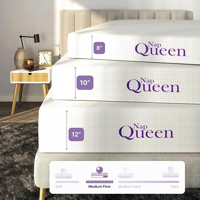 NapQueen 10 Inch Bamboo Charcoal King Size Medium Firm Memory Foam Mattress, Bed in a Box (White)