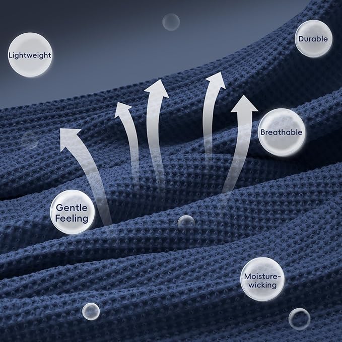 PHF 100% Cotton Waffle Weave Blanket Twin Size for Bed,Snag Proof Lightweight Breathable Throw for Couch,Machine Washable,Great for Layering in Cold Weather,Home Decor Gift-Navy Blue/Bright Blue
