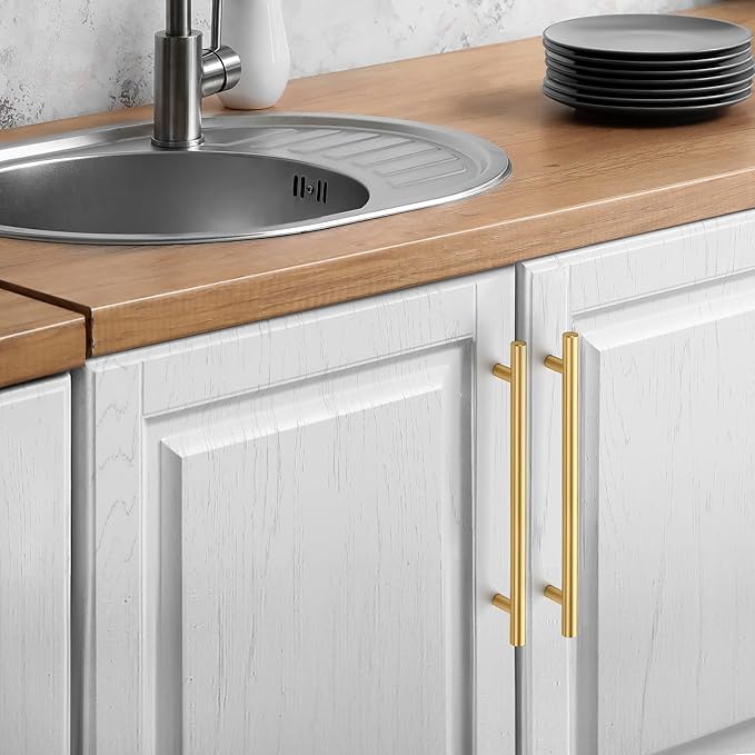 JOY DECOR 20 Pack Cabinet Handles, Gold Cabinet Pulls, 7-1/2 in Hole Center Kitchen Cabinet Handles, Stainless Steel T Bar Handles for Dresser Drawers