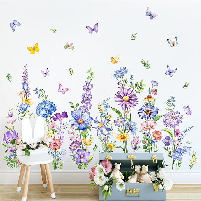 Tanlaby Wildflower Wall Decals Daisy Grass Butterflies Flower Wall Stickers Floral Botanical Wall Art Decor for Baby Nursery Girl Bedroom Living Room Sofa