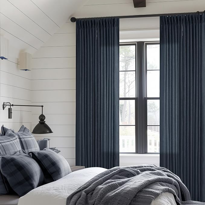 Navy 90 Inch Linen Semi Sheer Curtains Pinch Pleated 2 Panels | Light Filtering - Image 6