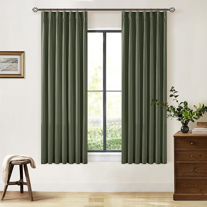 Olive Green 63 Inch Length Blackout Pinch Pleated Linen Curtains by Twodrapes