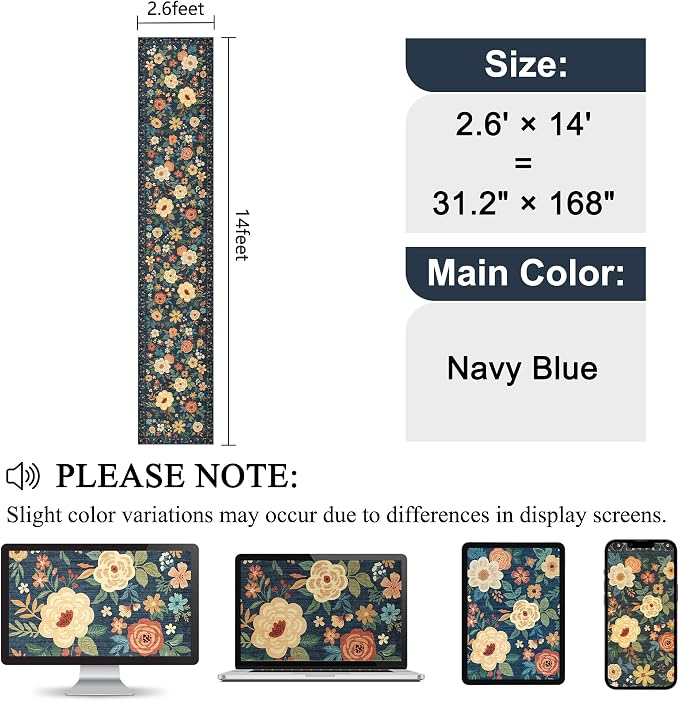 DUKINO 2.6x14 Washable Runner Rug, Floral Non Slip Runner Rug, Low Pile - Image 2