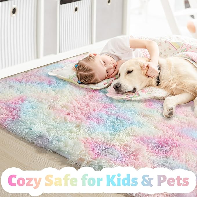 Amdrebio Rainbow Unicorn Shag Kids Rug 5x8 - Image 2