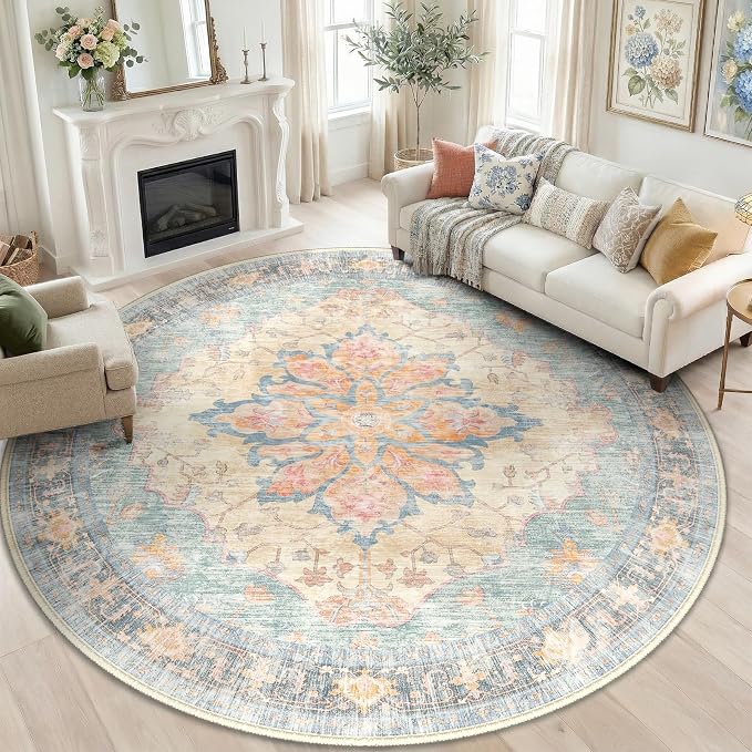 RELEANY Washable Area Rug, Round 8ft, Water Repellent, Pet Friendly, Vintage by RELEANY