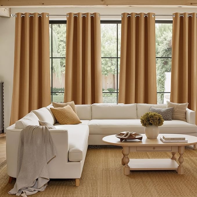 NICETOWN Gold Brown Faux Linen Room Darkening Rod Pocket Curtains 63 inch Length - Image 4