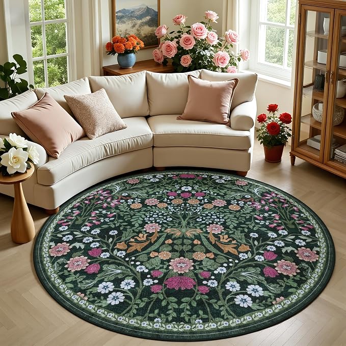 PLHXFR Round Area Rug Living Room: 6 ft Floral Washable Carpet Dark Green | by PLHXFRSoftAreaRugs