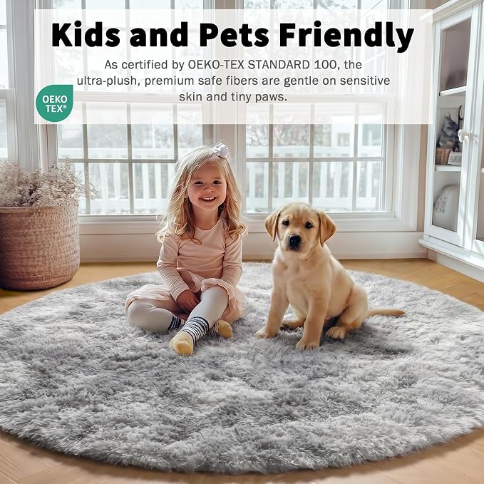 Round Rugs 5ft for Bedroom Living Room, Fluffy Tie-Dyed Light Grey Circle Area - Image 4