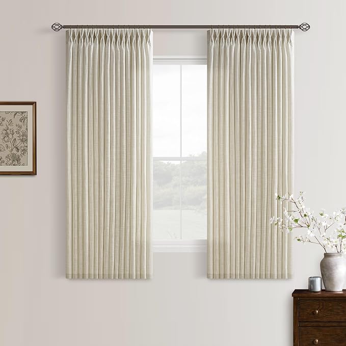 Semi Sheer Pinch Pleated Light Tan Linen Curtains 54 Inch Length 2 Panels | by Twodrapes