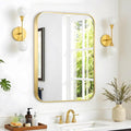 24"x36" Brushed French Gold Metal Framed Rounded Rectangle Mirror, Gold Wall Mounted Mirrors for Bathroom Entryway Vanity Living Room Bedroom, Vertical or Horizontal