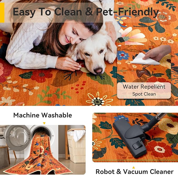 RELEANY Floral Washable 8x10 Area Rugs BurntOrange | Flower Carpet Print Boho - Image 5