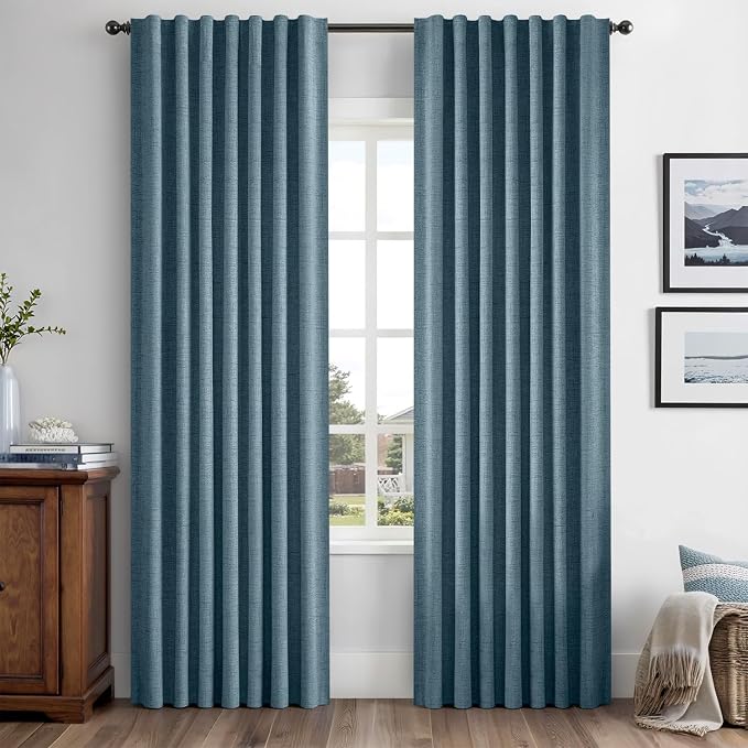 MIULEE 100% Blackout Linen Curtains 42 x 63 Inch Stone Blue 2 Panels | Thermal by MIULEE