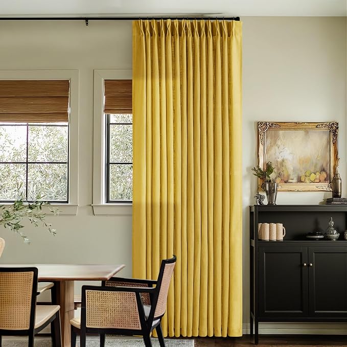 Mustard Yellow Pleated Semi Sheer Linen Curtains 108 Inches Long 2 Panel | - Image 8