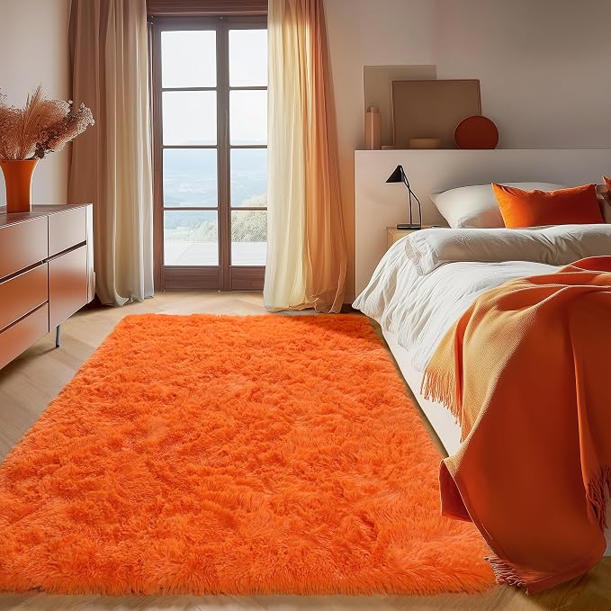 Orange Area Rugs for Bedroom Living Room, Fluffy 4x6 Indoor Bedside Floor Throw by ONASAR