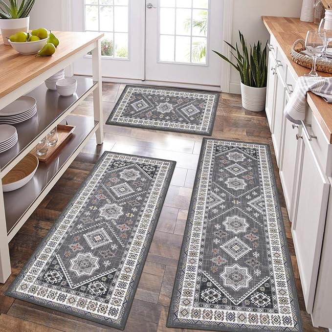HEBE Boho Kitchen Rugs Set of 3, Non Slip Washable Kitchen Mats by HEBE