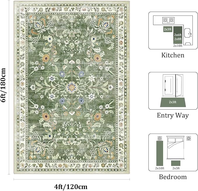 Yamaziot 4x6 Washable Area Rug for Bedroom Floral Carpet Sage Green | Non Slip - Image 2