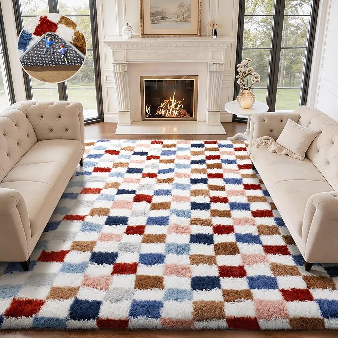 Ophanie Checkered Rainbow Rug for Living Room Bedroom, Colorful Fluffy Soft by Ophanie