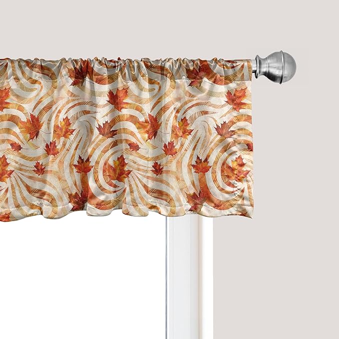 Ambesonne Fall Window Valance, Autumnal Theme with Swirly Intricate Shapes and Flying Leaves Print, Curtain Valance for Kitchen Bedroom Decor with Rod Pocket, 54" X 18", Ginger Marigold and Beige