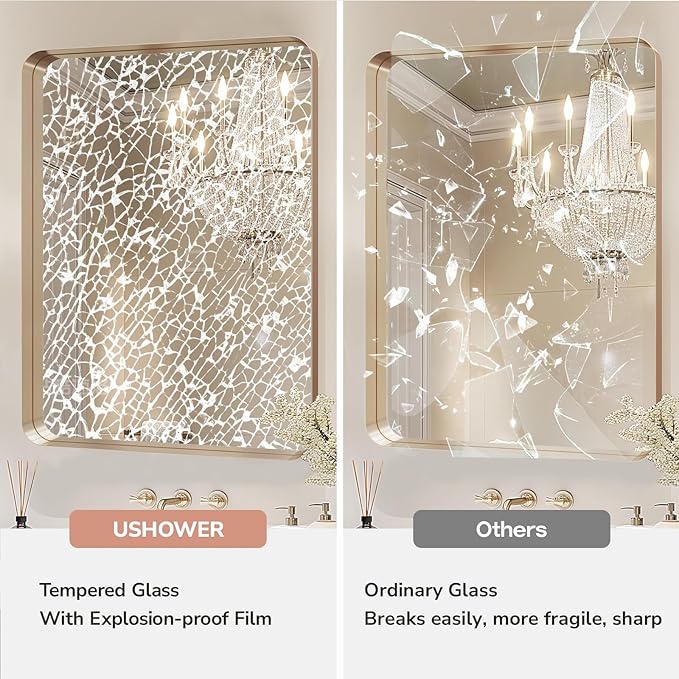USHOWER Gold Bathroom Mirror 22"x30", Brushed Gold Rectangle Mirror for Over Sink, Rounded Corner, Aluminum Frame, Anti-Rust, Tempered Glass, Horizontal or Vertical Mounted