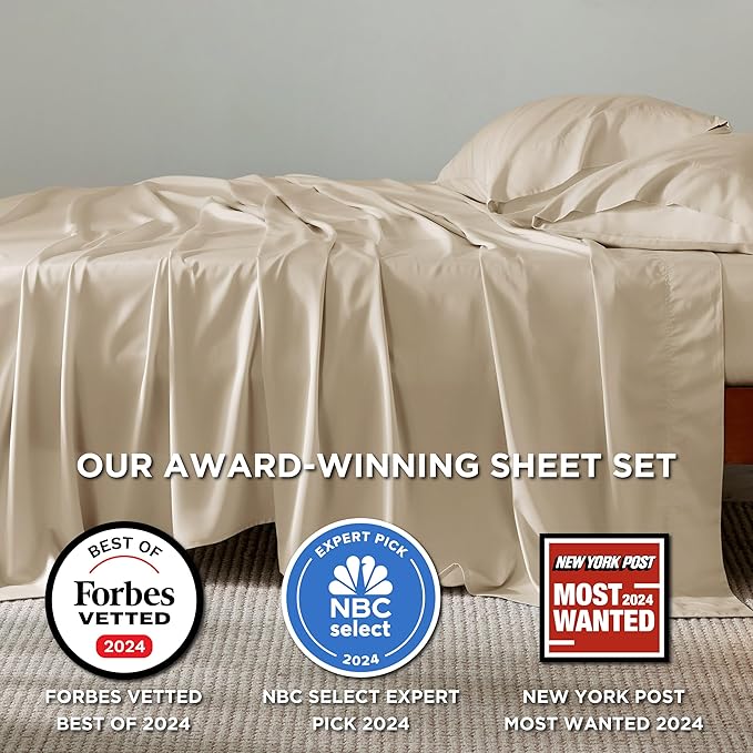 Bedsure Queen Sheets, Rayon Derived from Bamboo, Queen Cooling Sheet Set, Deep Pocket Up to 16", Breathable & Soft Bed Sheets, Hotel Luxury Silky Bedding Sheets & Pillowcases, Beige