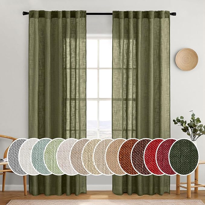 MIULEE Light Olive Green Linen Curtains 52x84 Inch Long 2 Panel by MIULEE