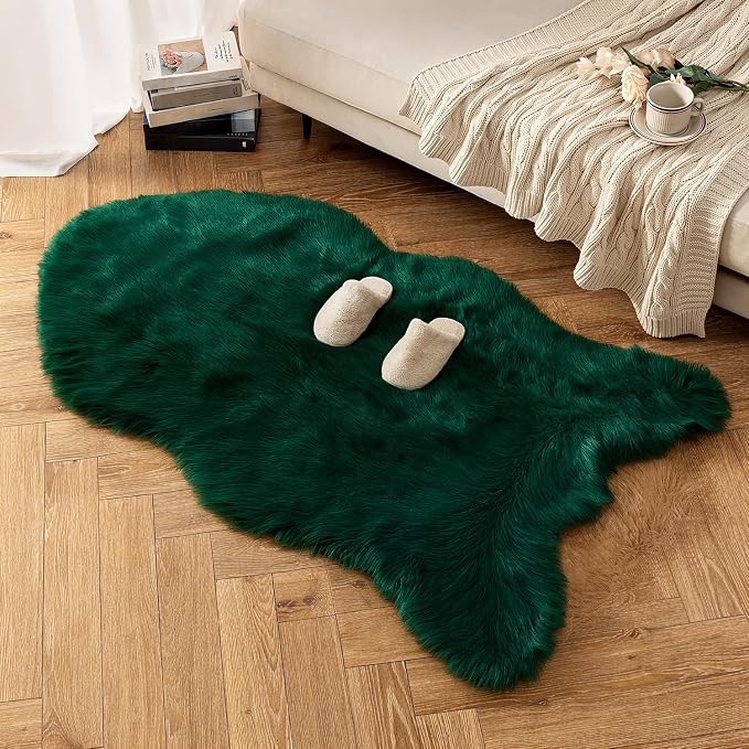 MIULEE Fluffy Area Rug 3'x5' Large Faux Fur Sheepskin Rug Dark Green | Luxury - Image 6