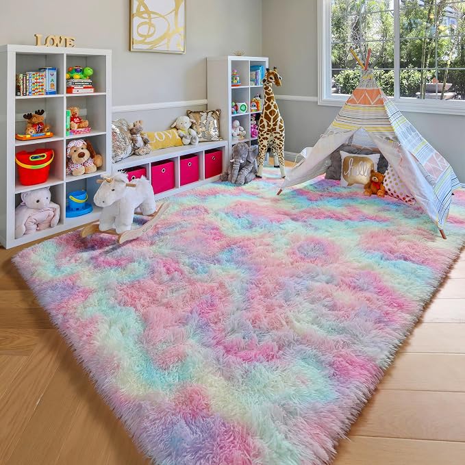 Rainbow Area Rugs for Living Room, 5x8 Fluffy Girls Bedroom Rug, Indoor Ultra - Image 7