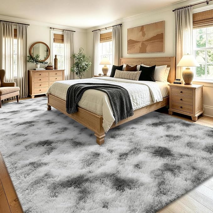 8x10 Extra Large Tie-Dyed Grey and White Fluffy Area Rug Non-Slip - Image 4