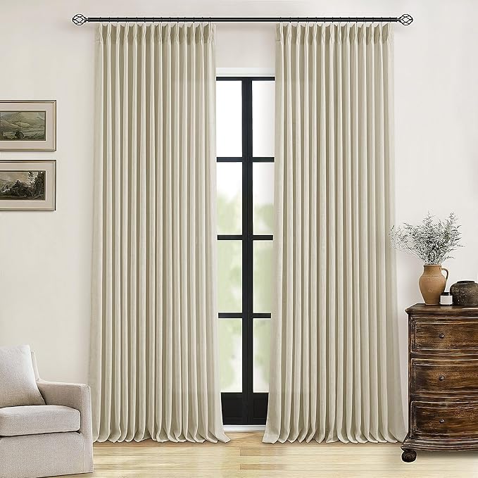 Beige Pinch Pleated Linen Curtains 94 Inches Long 2 Panels Set | Memory by Twodrapes