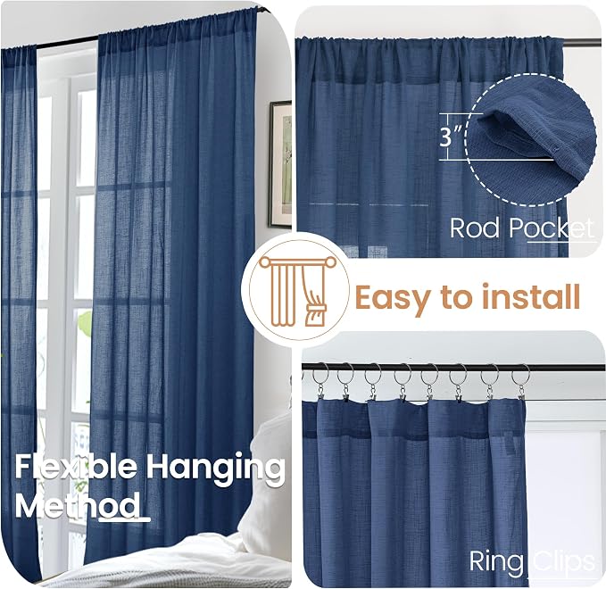 BGment Navy Blue Linen Curtains 84 Inches Long, Semi Sheer Drapes 2 Panels Set - Image 6