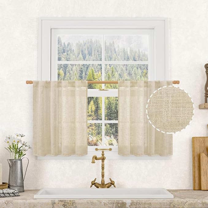 Cafe Linen Curtains for Kitchen Window Over Silk 34 x 24 Inch | Semi Sheer by LAMIT
