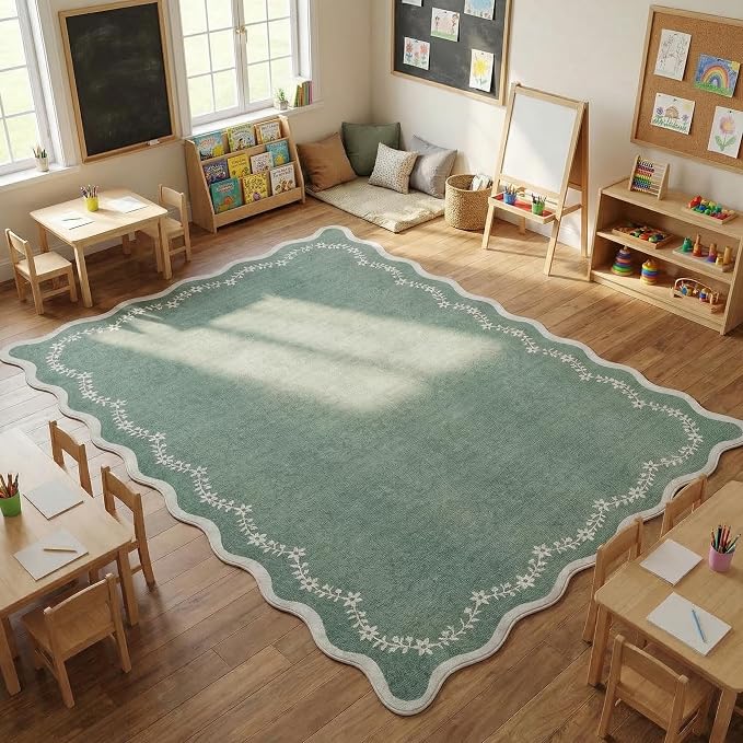 GarveeHome 4x6 Scalloped Washable Area Rug Sage Green Nursery Bedroom Rug | - Image 2