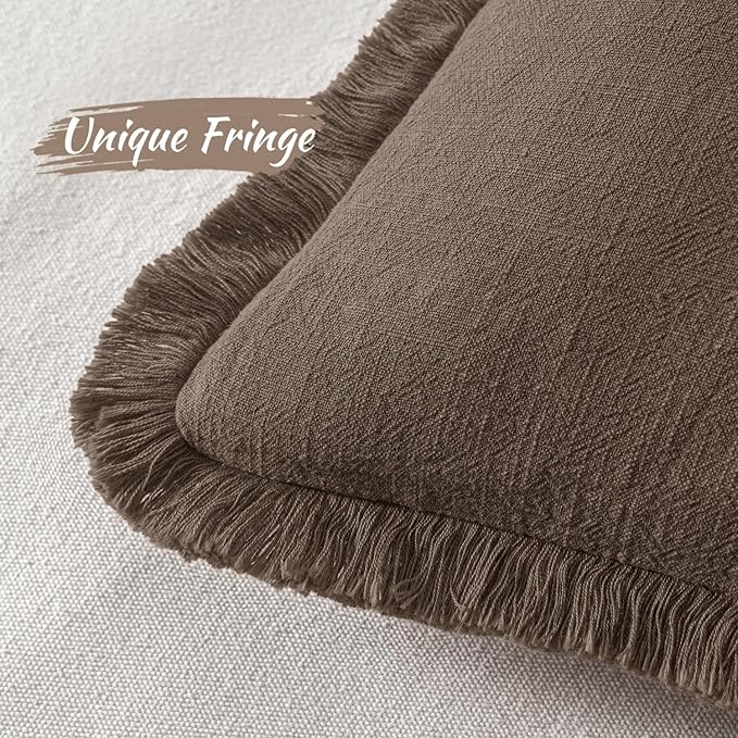 MIULEE Linen Fringe Decorative Euro Pillow Covers Chocolate Brown 22x22 | Set - Image 3