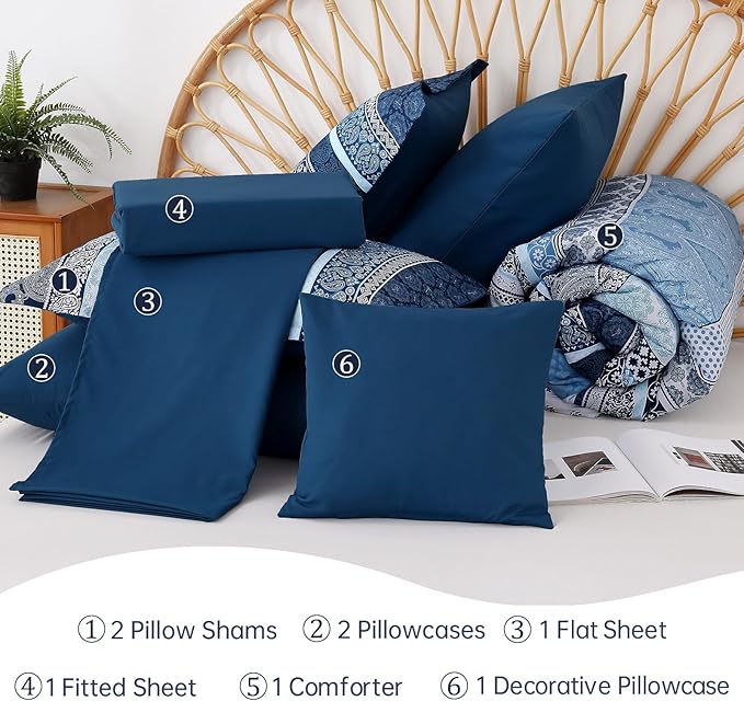 Cottolester Boho Comforter Set California King Size,8 Pieces Navy Blue Bohemian Striped Bed in a Bag,Paisley Soft Microfiber Bedding Comforter Set