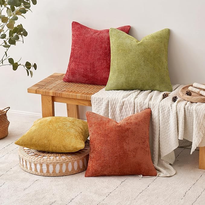 MIULEE Soft Decorative Chenille Fall Pillow Covers Rust Yellow Green 18x18 | - Image 5