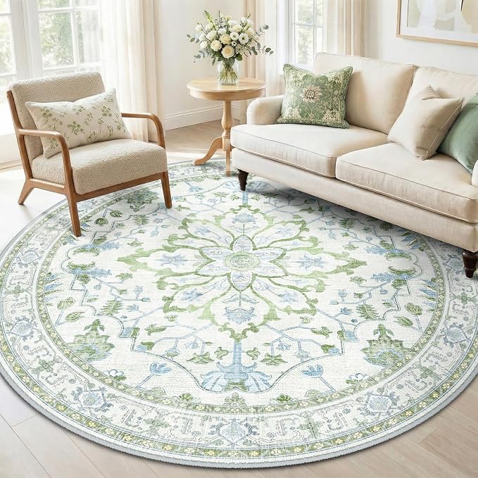 RELEANY Washable Area Rug, Round 6ft, Water Repellent, Pet Friendly, Vintage by RELEANY