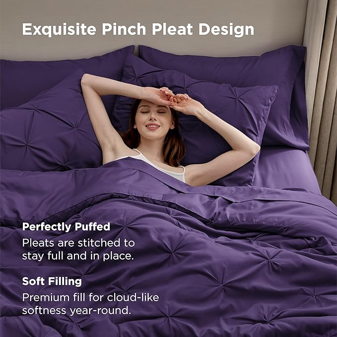 Bedsure King Size Comforter Set Purple - Bed in a Bag Bedding Set 7 Pieces, GentleSoft™ Pintuck Bed Set Gift for Family, Pinch Pleat Purple Comforter with Sheets, Pillowcases & Shams