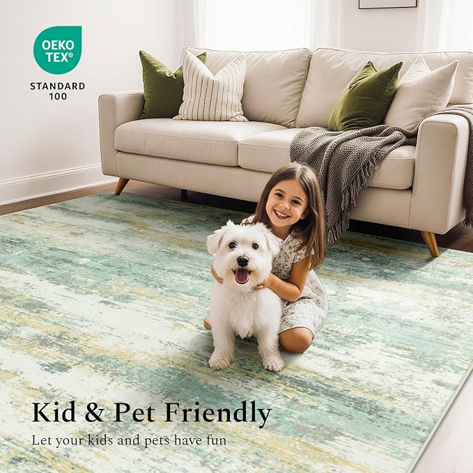 Rugflix 5x7 Area Rugs for Living Room, Washable Light Green Large Rug | Machine - Image 6