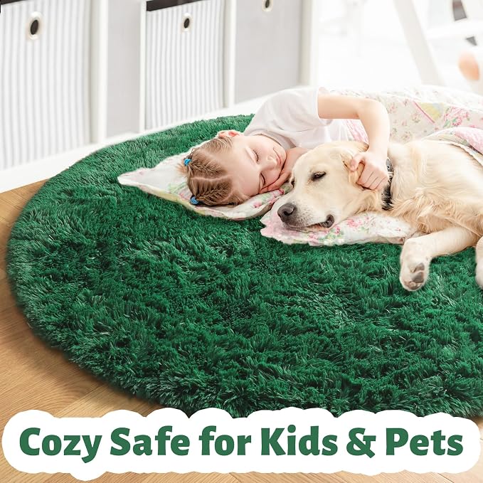 Amdrebio Dark Green Round Fuzzy Rug 4Ft - Image 2