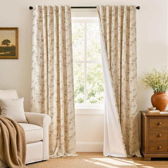 Extra Long Floral Linen Curtains Taupe on Beige 50×108 2 Panels | Elisa Series by Lazzzy