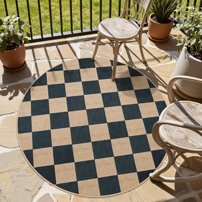 Lahome Checkered Easy Jute 4ft Round Outdoor Rug, Washable Small Rugs Black | - Image 2