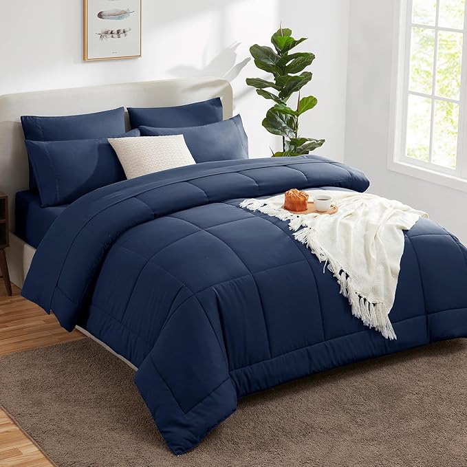 CozyLux California King Comforter Sets Navy Blue, 7 Pieces Cal King Bed in a Bag, All Season Bedding Sets with Stitch Quilted Comforter, Flat Sheet, Fitted Sheet, Pillowcases